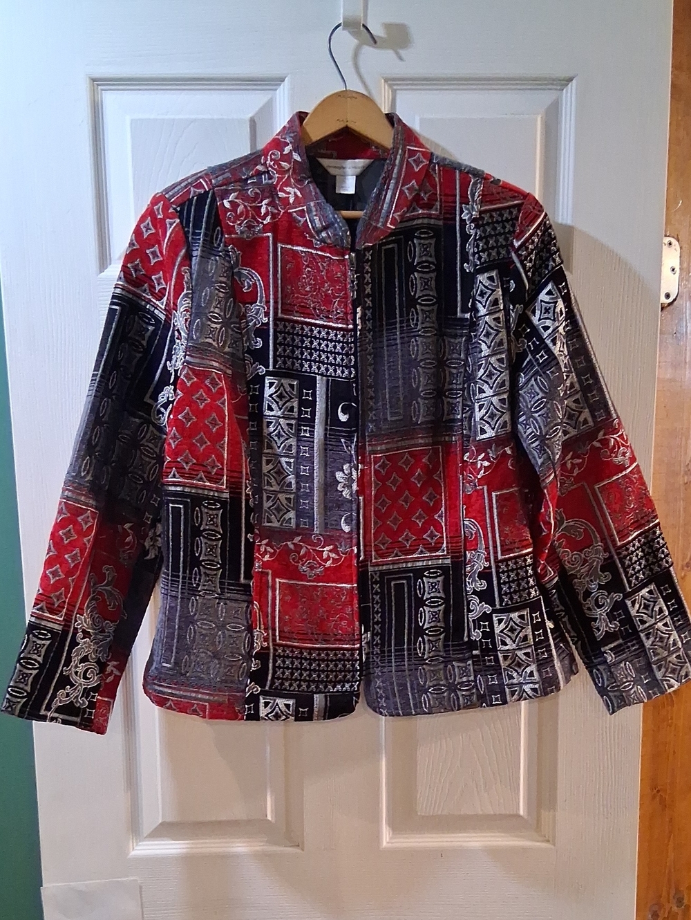 Christopher & Banks Red and Black Zip Up Patterned Jean Jacket